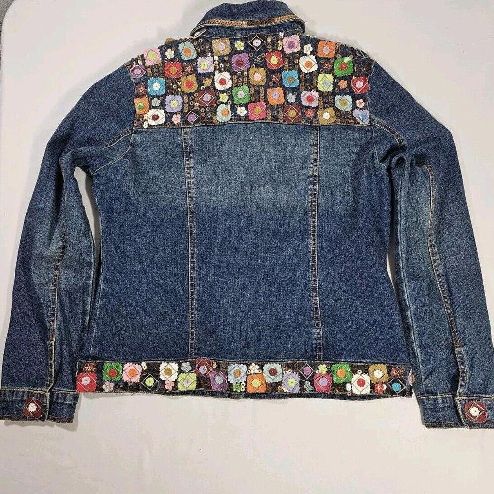 Vintage BERER Embroidered Sequin & Beaded Denim Jean Jacket Size Large - Picture 2 of 9